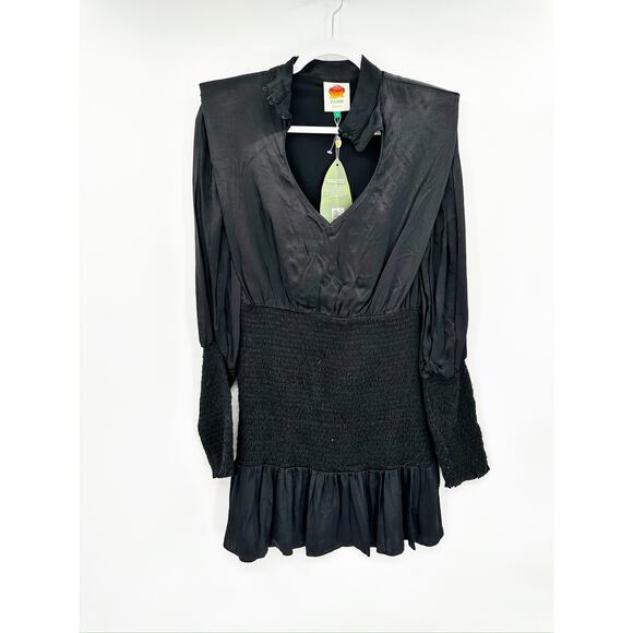 Farm Rio Black Heart Neckline Smocked Long Sleeve Mini Dress Size S - Picture 2 of 8